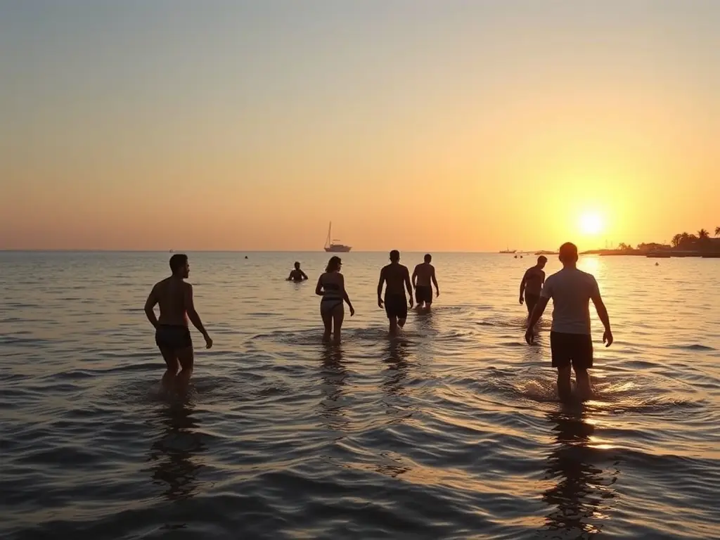 A group of people participating in a coastal water walking session at sunrise in Erquy, with the calm sea and clear sky in the background.