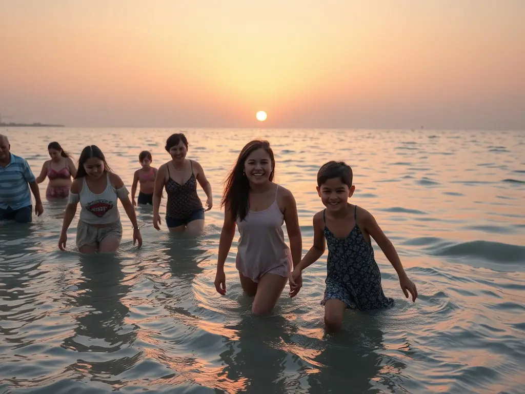 A group of people of varying ages are joyfully participating in a coastal water walking session at sunrise in Erquy, France. The shallow water reflects the warm colors of the sky, and the participants are smiling and engaged, showcasing the inclusive and invigorating nature of the activity.
