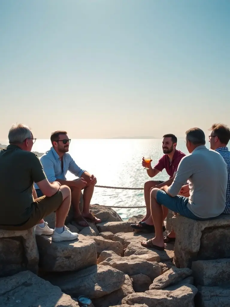 A group of people socializing after a coastal water walking session, emphasizing the social benefits and community spirit fostered by the organization.