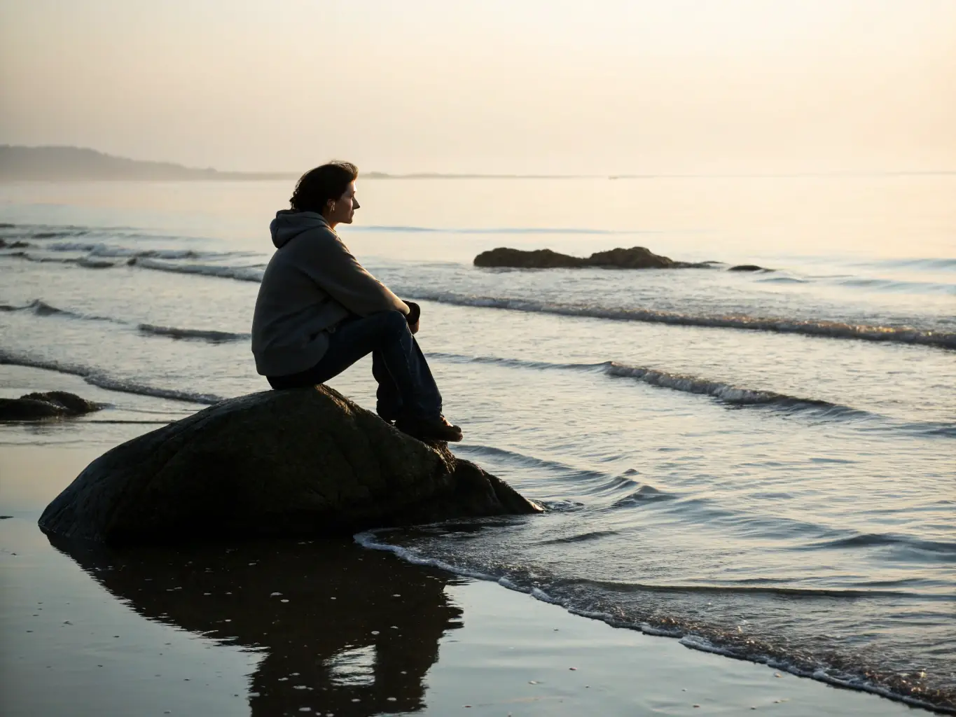 A serene image of a person walking in coastal water, looking peaceful and relaxed, emphasizing the mental well-being aspect of the activity.