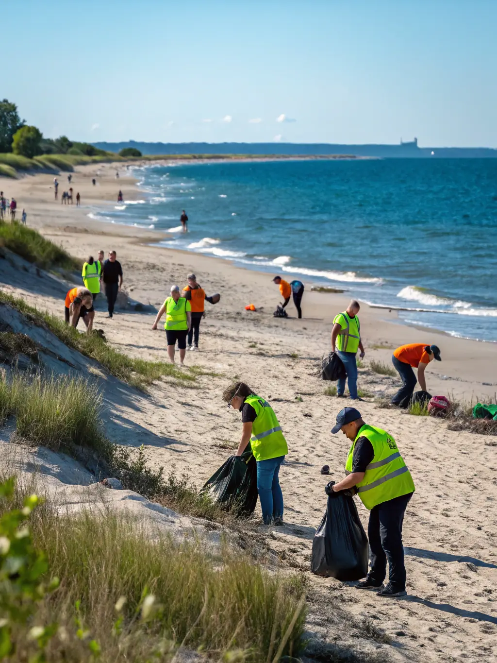 A photo of volunteers cleaning up a beach in Erquy, emphasizing the organization's commitment to environmental stewardship and community involvement.