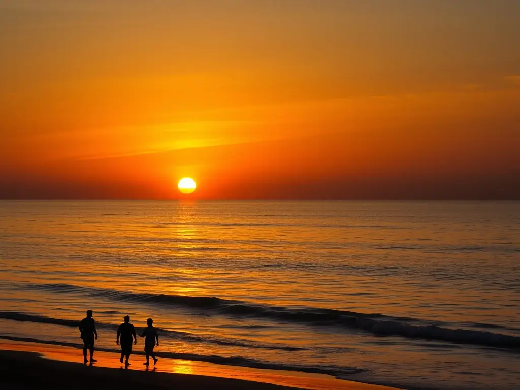 A photograph of a group of people doing water walking during sunset.