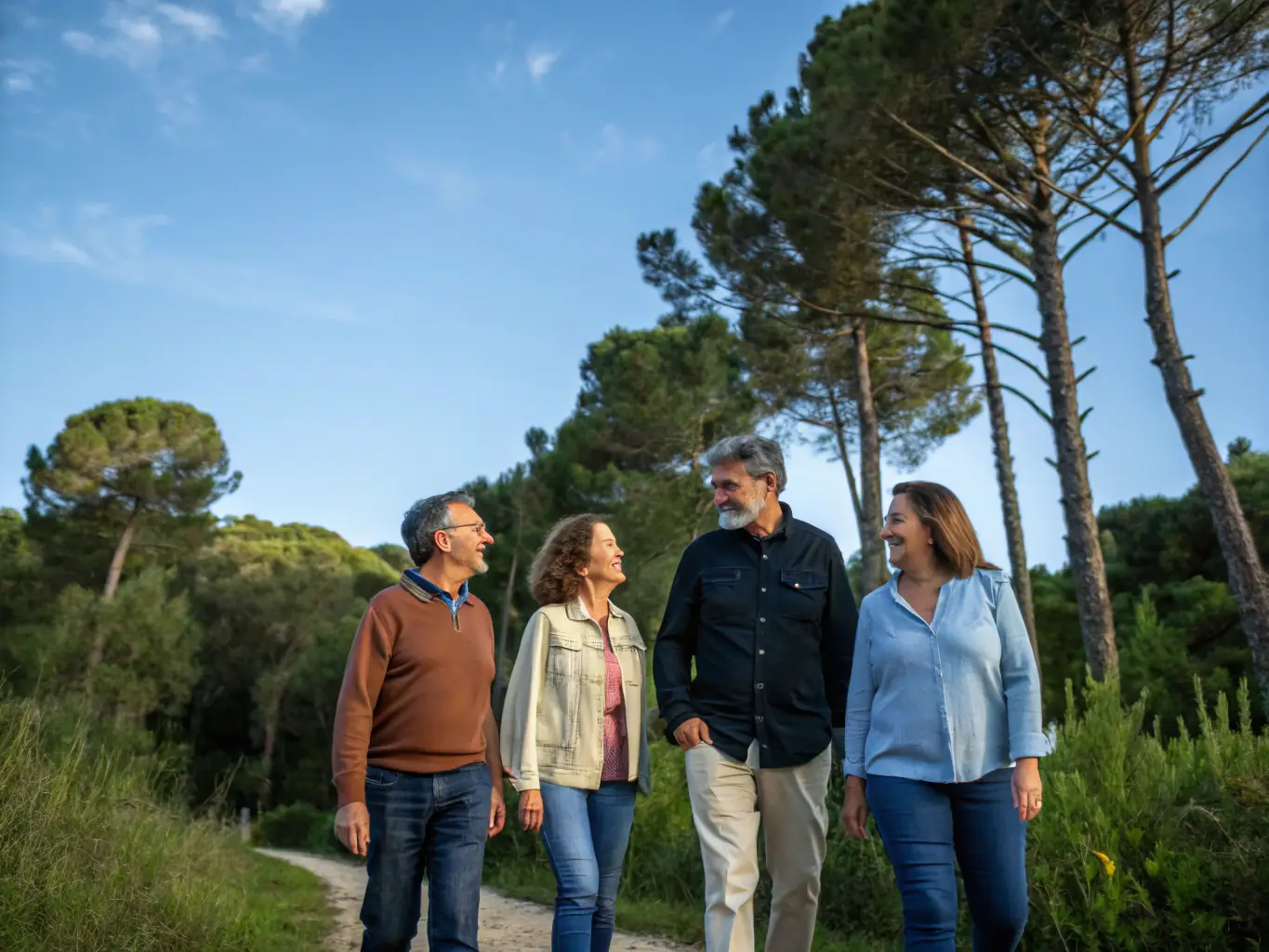 A group of people laughing and interacting while walking in coastal water, highlighting the social and community aspect of the activity.
