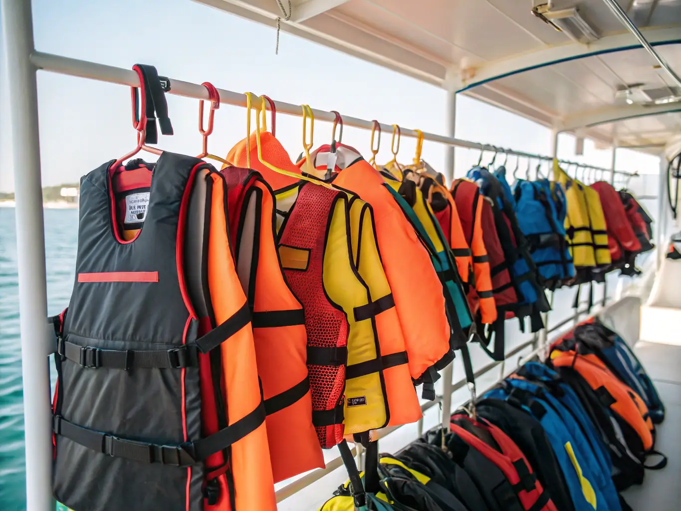 A close-up shot of specialized coastal water walking equipment, including buoyancy aids and walking poles, emphasizing the safety and support provided during the activities. The equipment is clean and well-maintained, reflecting the organization's commitment to quality.