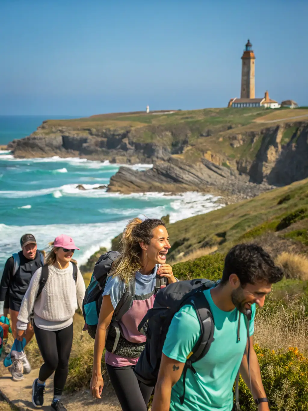 A group of people participating in a coastal water walking session in Erquy, France, with the picturesque coastline in the background, showcasing the community aspect of the activity.